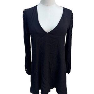 NBD Black Long Sleeve V-Neck Top/Dress with Chain-Link Sleeve Detail Size XS EUC